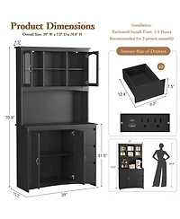 homfan 71" Tall Kitchen Pantry Cabinet with Led Lights and Charging Station, 3 Drawers, Glass Doors, Adjustable Shelves