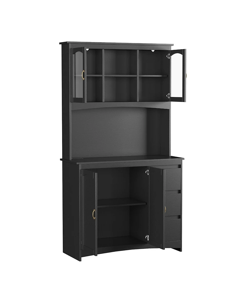 homfan 71" Tall Kitchen Pantry Cabinet with Led Lights and Charging Station, 3 Drawers, Glass Doors, Adjustable Shelves