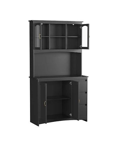 homfan 71" Tall Kitchen Pantry Cabinet with Led Lights and Charging Station, 3 Drawers, Glass Doors, Adjustable Shelves