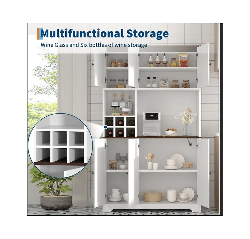 homfan 71-Inch Tall Pantry Cabinet with Wine Rack, Farmhouse Kitchen Hutch with 7 Compartments, for Dining Room and Living Room