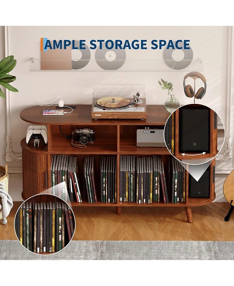 homfan 55 Inches Wide Mid-Century Round Record Player Stand with Charging Station, Usb Ports, and Ample Vinyl Storage