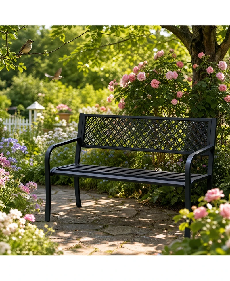 homfan 2-Person Patio Chair Sturdy Weather-Resistant Steel Garden Bench Geometric Backrest, 50" Wide, 790 lbs Capacity