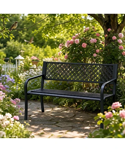 homfan 2-Person Patio Chair Sturdy Weather-Resistant Steel Garden Bench Geometric Backrest, 50" Wide, 790 lbs Capacity