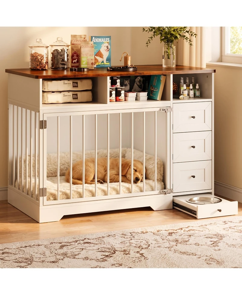 gaomon 48 Inch Dog Crate Furniture with Bowl and Drawers, Farmhouse Medium Small Dog Kennel, Storage Crate Table for Dogs for Living Room