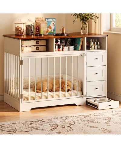 gaomon 48 Inch Dog Crate Furniture with Bowl and Drawers, Farmhouse Medium Small Dog Kennel, Storage Crate Table for Dogs for Living Room