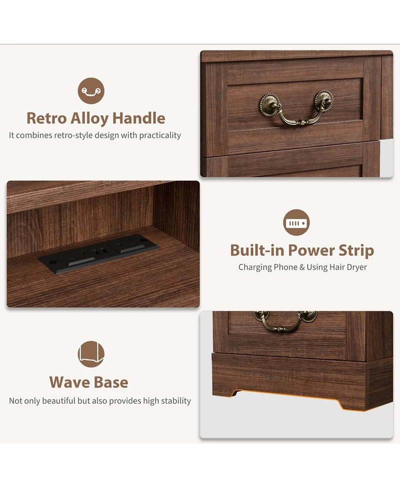 gaomon Farmhouse Makeup Vanity Table Set with Led Lighted Mirror, Charging Station and 10 Storage Drawers, Complete Vanity Desk with Cushioned Stool