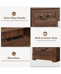 gaomon Farmhouse Makeup Vanity Table Set with Led Lighted Mirror, Charging Station and 10 Storage Drawers, Complete Vanity Desk with Cushioned Stool