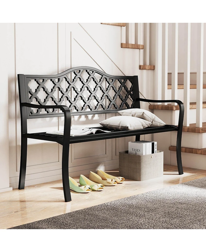 Costway Patio Bench Slatted Metal Garden Bench for 2-3 People Park-Style Loveseat