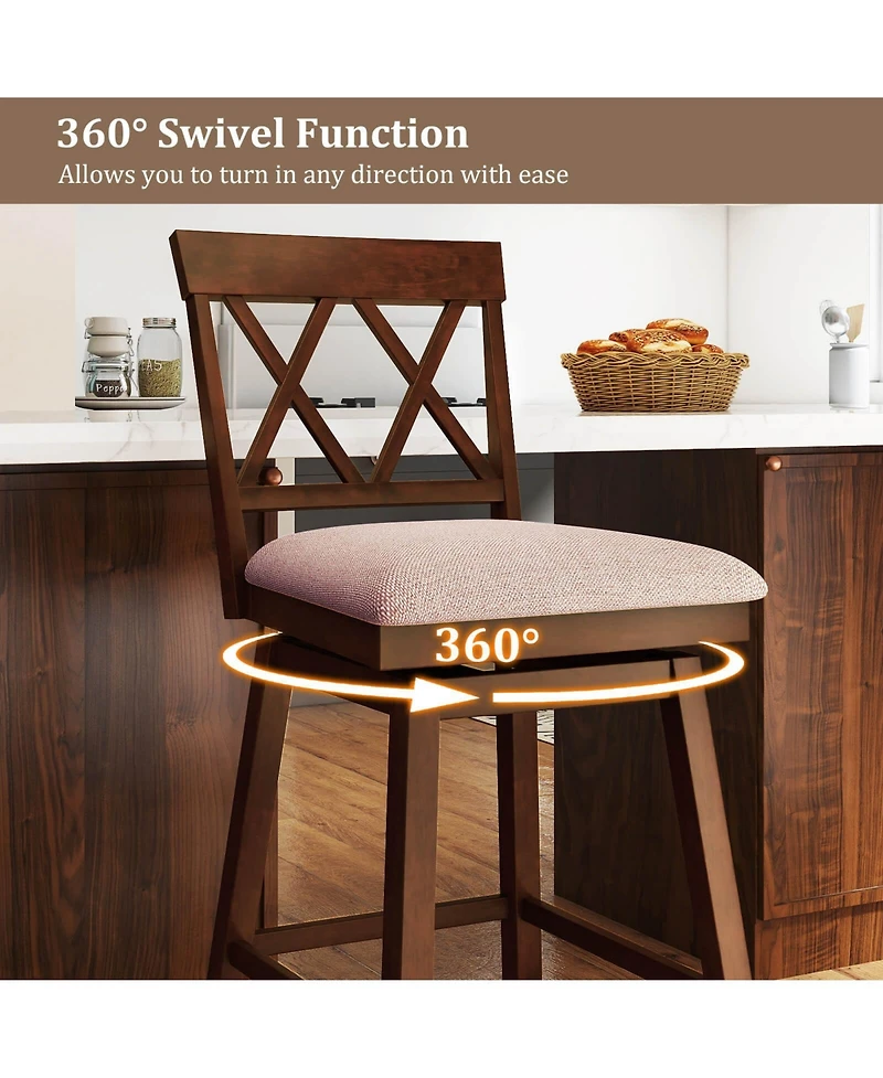 Costway 29 Inch Bar Stool Wooden Chair with Contoured Backrest Swivel Padded Seat for Kitchen