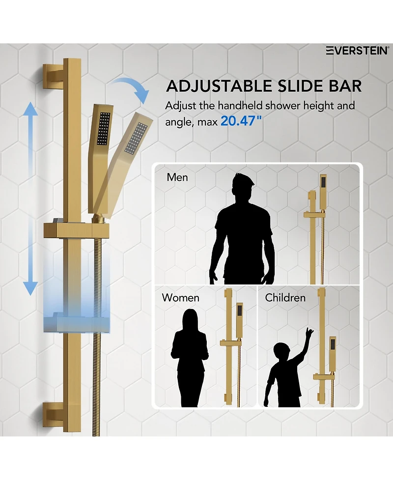 Everstein Pressure Balanced Complete Shower System 10" Rain Head with Handheld Spray Slide Bar Brushed