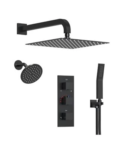 Everstein Thermostatic Dual Showerheads System Wall Mount 12 High Pressure Rainfall Shower Faucet With Handheld Spray