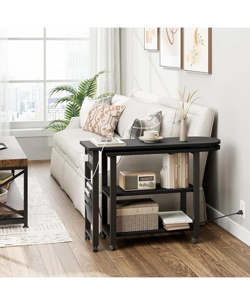 gaomon Rotating End Table Side Table with Charging Station Swivel Ene Table with Extra Storage Bag Movable End Table with 6 Swivel Wheels with Brakes