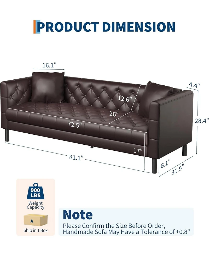 gaomon 81 Leather Couch, Handmade Button Tufted 3 Seater Sofa, Chesterfield Sofa with Deep Seat and 2 Pillows, Leather Sofa for Living Room Apartment