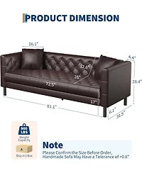 gaomon 81 Leather Couch, Handmade Button Tufted 3 Seater Sofa, Chesterfield Sofa with Deep Seat and 2 Pillows, Leather Sofa for Living Room Apartment