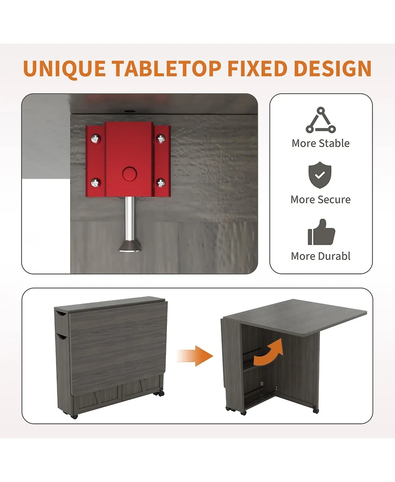 gaomon Folding Dining Table with Storage, Folding Kitchen Table with 6 Wheels, Drawer and Shelves, Compact Dining Table for Small Spaces