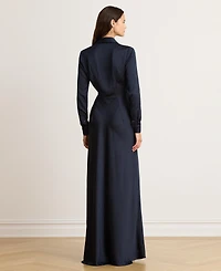 Lauren Ralph Pleated Button-Up Charmeuse Gown