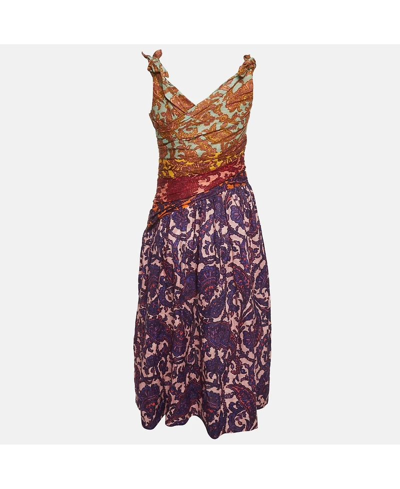 Pre-Owned Zimmermann Women's Multicolor Printed Linen Bow Detail Midi Dress
