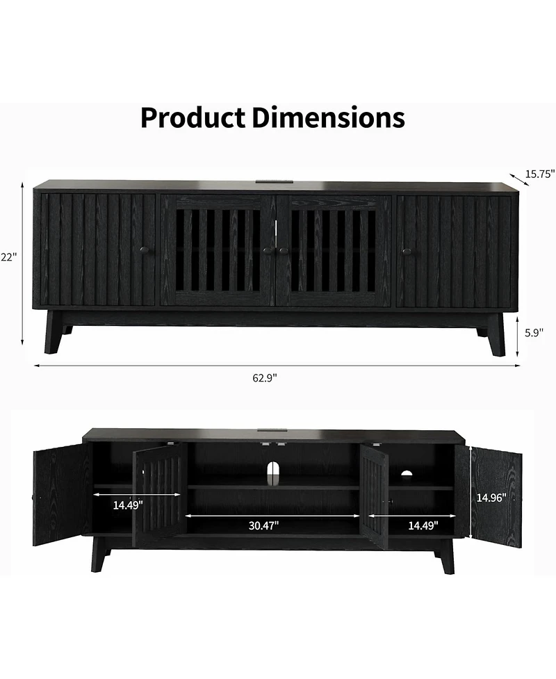 gaomon 63" Tv stand with power outlet, adjustable shelves, storage, and 4 grille doors, wooden entertainment center for living room.