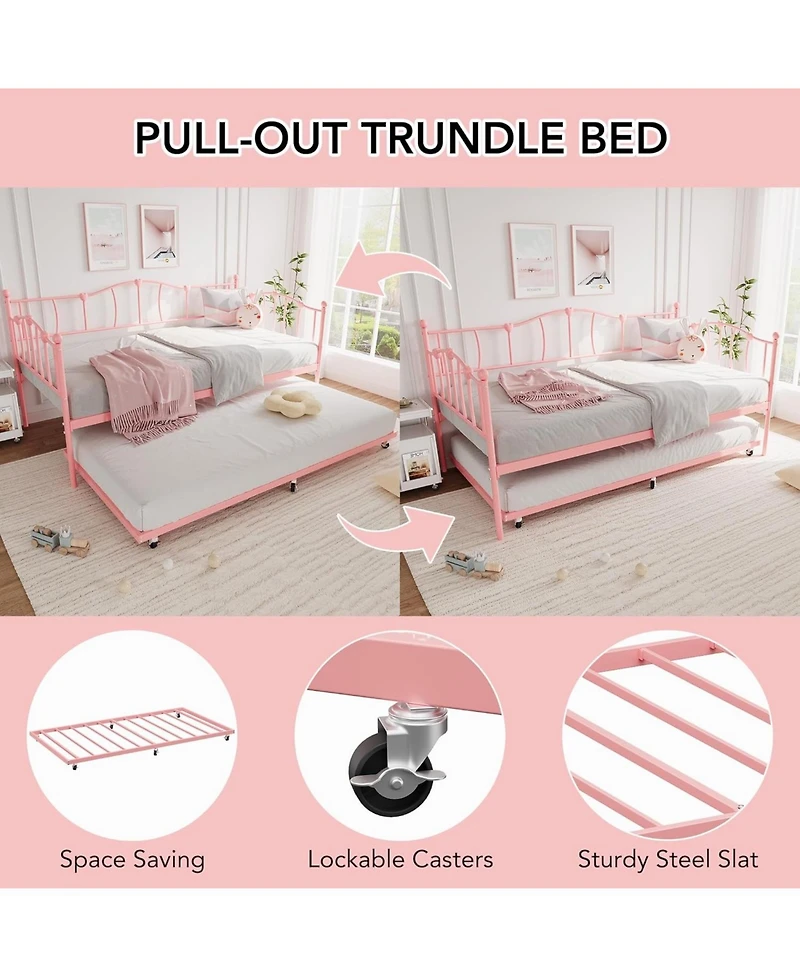 gaomon Metal Twin Daybed with Trundle, Pullout Trundle Bed, Sofa Bed Frame with Steel Slat Support, No Box Spring Needed