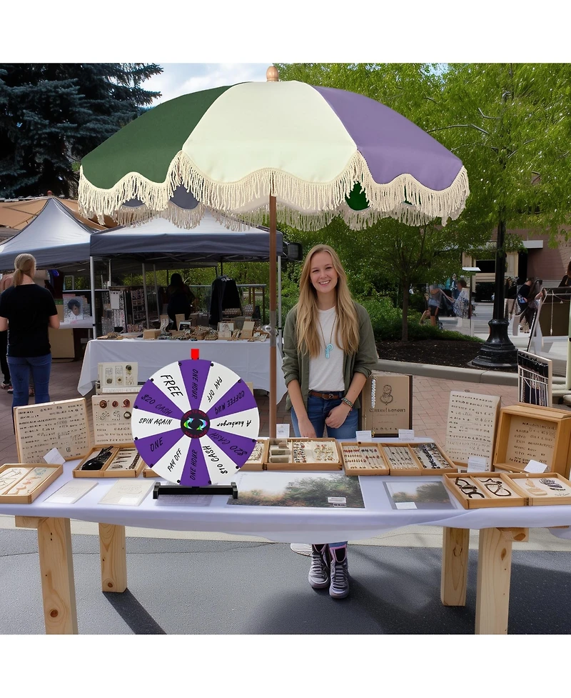 WinSpin 24" Prize Wheel Tabletop with Palm Springs Purple Green Fringe Umbrella for Outdoor Pop-up Shop Craft Booth