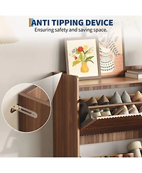 homfan Shoe Storage Cabinet with 2 Flip Drawers, Narrow Wood Hidden Fluted Shoe Rack Organizer Cabinet for Entryway