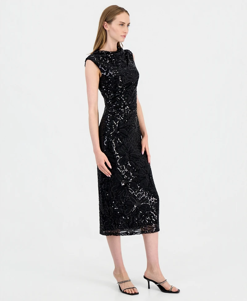 Anne Klein Women's Sleeveless Floral-Sequin Draped-Neck Midi Dress