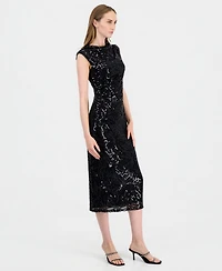 Anne Klein Women's Sleeveless Floral-Sequin Draped-Neck Midi Dress