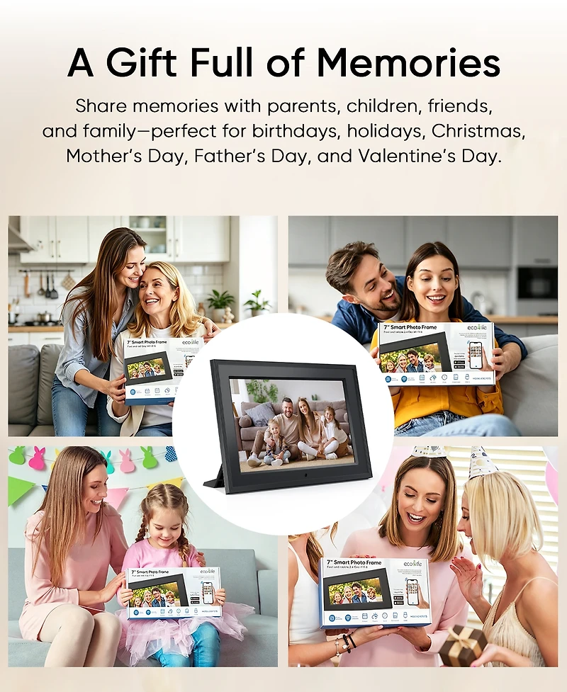 Eco4Life 7-Inch WiFi Ips Digital Picture Frame App-Controlled, Gift For Family and Parents Friends