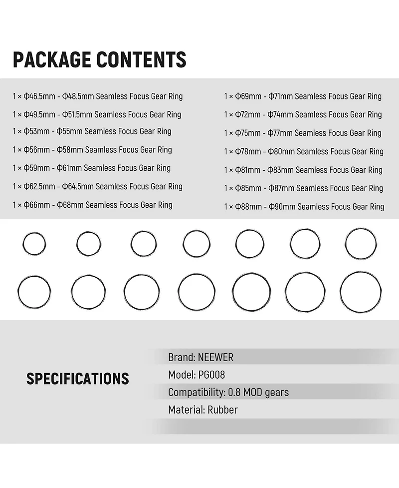 Neewer PG008 Seamless Focus Gear Ring, Compatible with Canon, Nikon and Sony