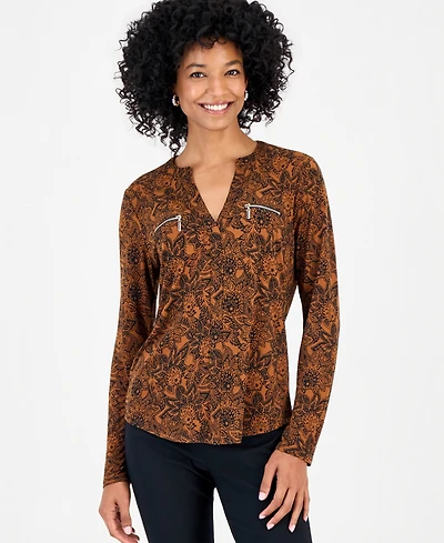 Jm Collection Women's Floral Arrangement V-Neck Zipper-Pocket Long-Sleeve Blouse, Macy's Exclusive