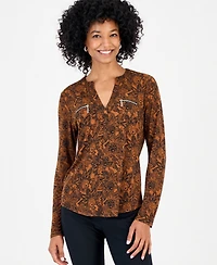 Jm Collection Women's Floral Arrangement V-Neck Zipper-Pocket Long-Sleeve Blouse, Macy's Exclusive