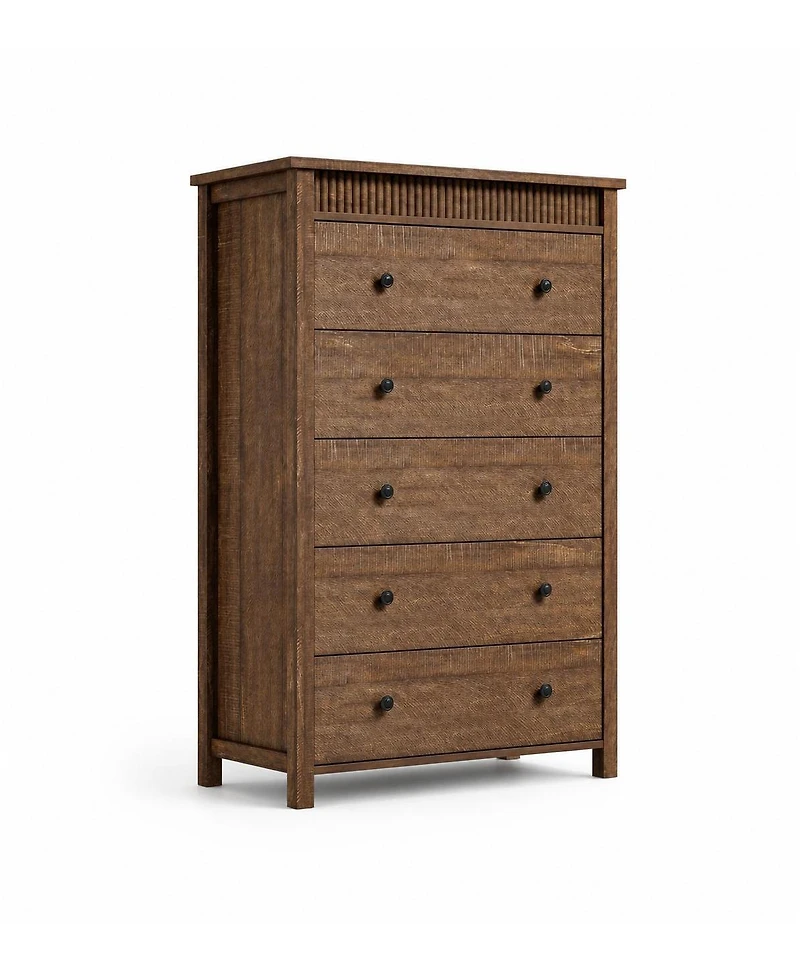 homfan Fluted Nightstand with 5 Drawers – Modern Wooden Bedside Table with Storage, Night Stand for Bedroom