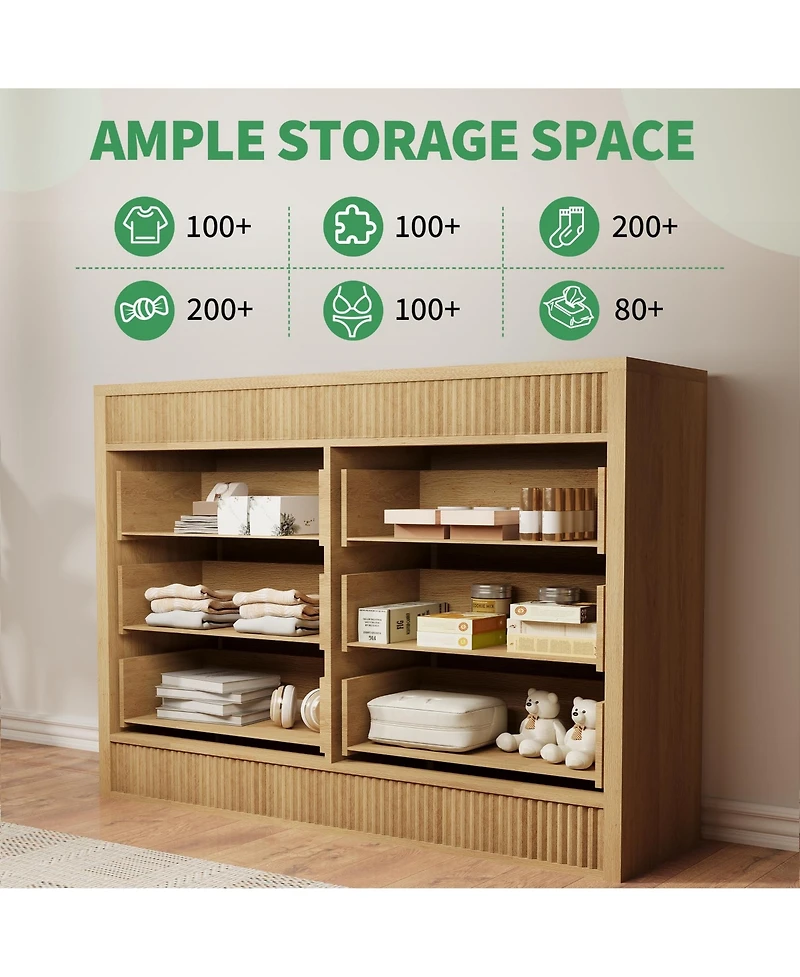 homfan Modern Fluted 6-Drawer Dresser Wide Oak Wood Storage Cabinet for Bedroom Living Room Entryway, Sleek Hallway Chest
