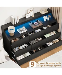 homfan 59" 9-Drawer Dresser – Led Lights and Large Storage Drawers, Modern Chest with Anti-Tipping for Bedroom or Living Room