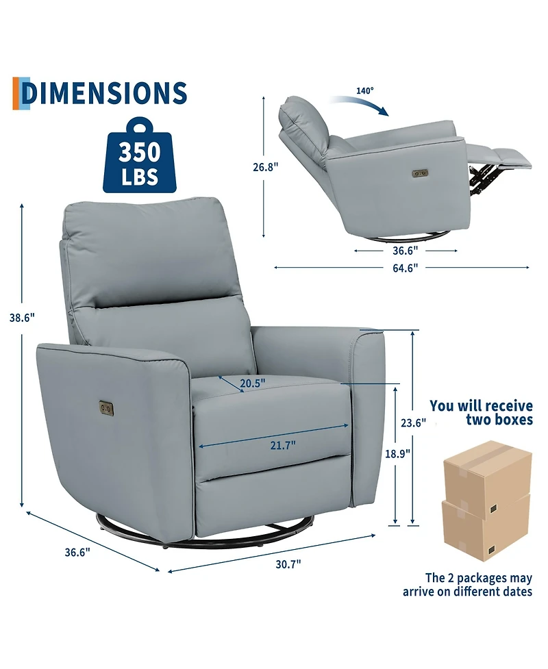 homfan Swivel Recliner Chair with Charging Port, Pu Leather Upholstered Swivel Glider with Adjustable Footrest and Curved Armrest