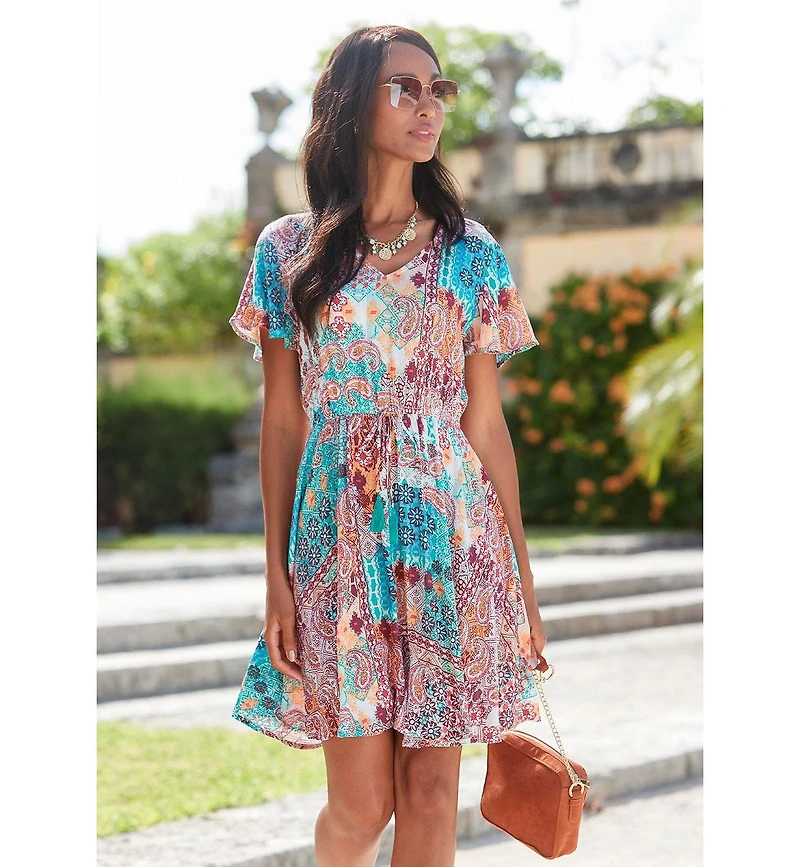 Lascana Women's Patchwork Print V-Neck Dress