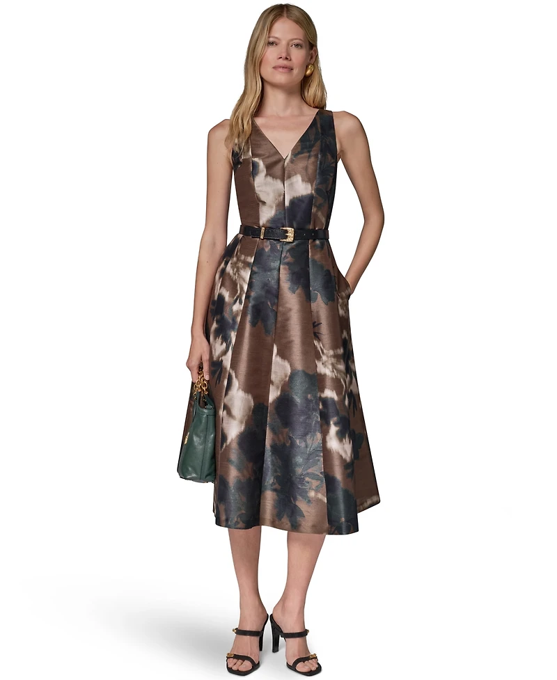 Donna Karan New York Women's Dupion Print Belted Midi Dress