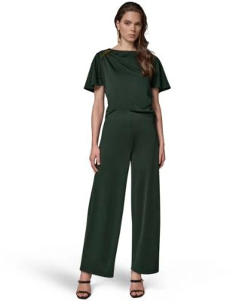 Donna Karan New York Womens Ruched Side Short Sleeve Top Wide Leg Pull On Pants
