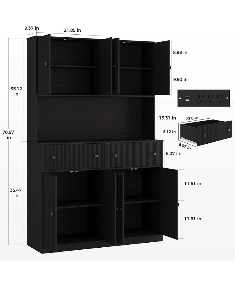 gaomon 47" Fluted Pantry Cabinet Countertop Charging Station 2 Drawers Adjustable Shelves
