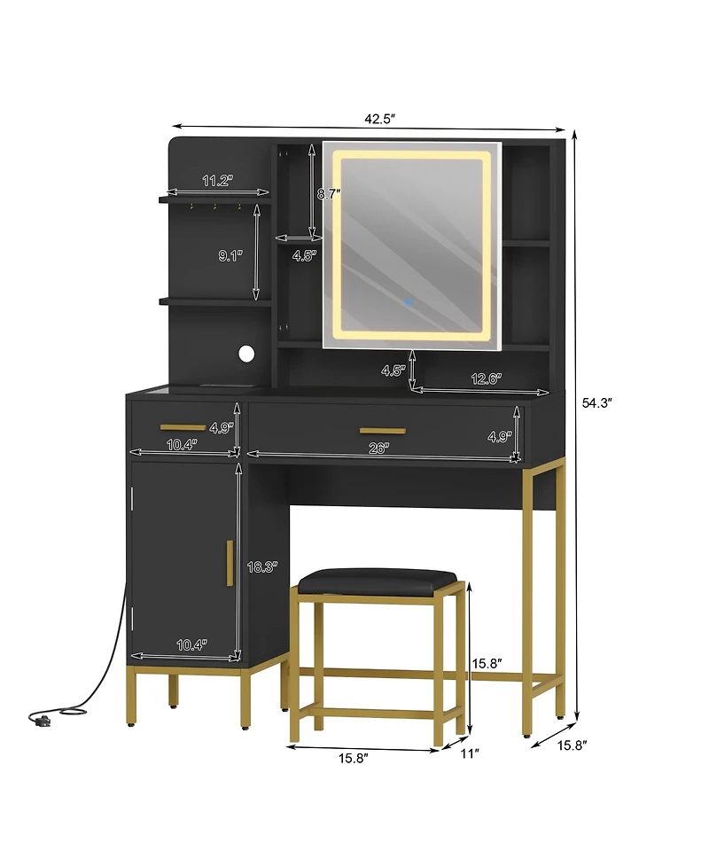 homfan Makeup Vanity with Led Lights, Modern Dressing Set with Cushioned Stool, 3 Lighting Modes 2 Drawers, Open Shelves, Cabinet and Charging Station