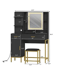 homfan Makeup Vanity with Led Lights, Modern Dressing Set with Cushioned Stool, 3 Lighting Modes 2 Drawers, Open Shelves, Cabinet and Charging Station