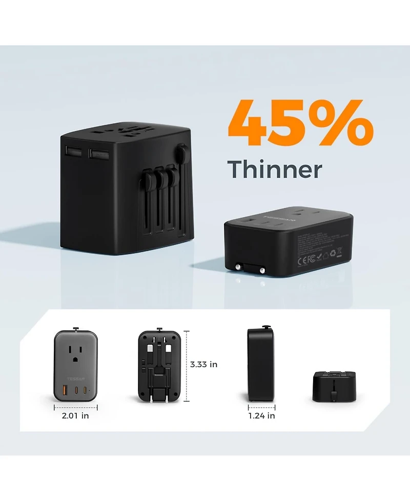Tessan Travel Adapter Pd 20W, Universal Power Adapter 2 Usb C 1 Usb A, Ultra Thin International Plug Adaptor Worldwide Outlet for Us to European Uk