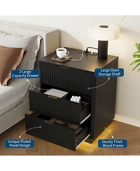 gaomon Fluted Nightstand with Charging Station, Wooden Led Light, Modern Mid Century Bedside End Table 3 Drawers