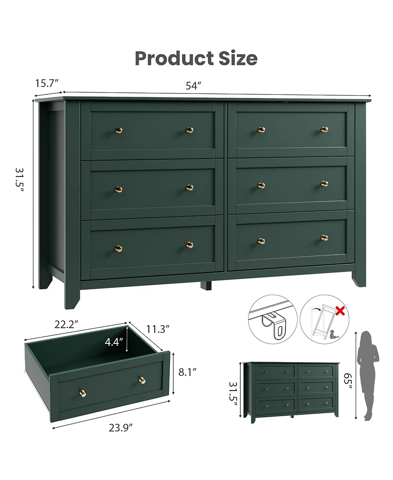 gaomon 54" Wide 6-Drawer Dresser with Metal Knobs, Modern Chest for Bedroom and Living Room