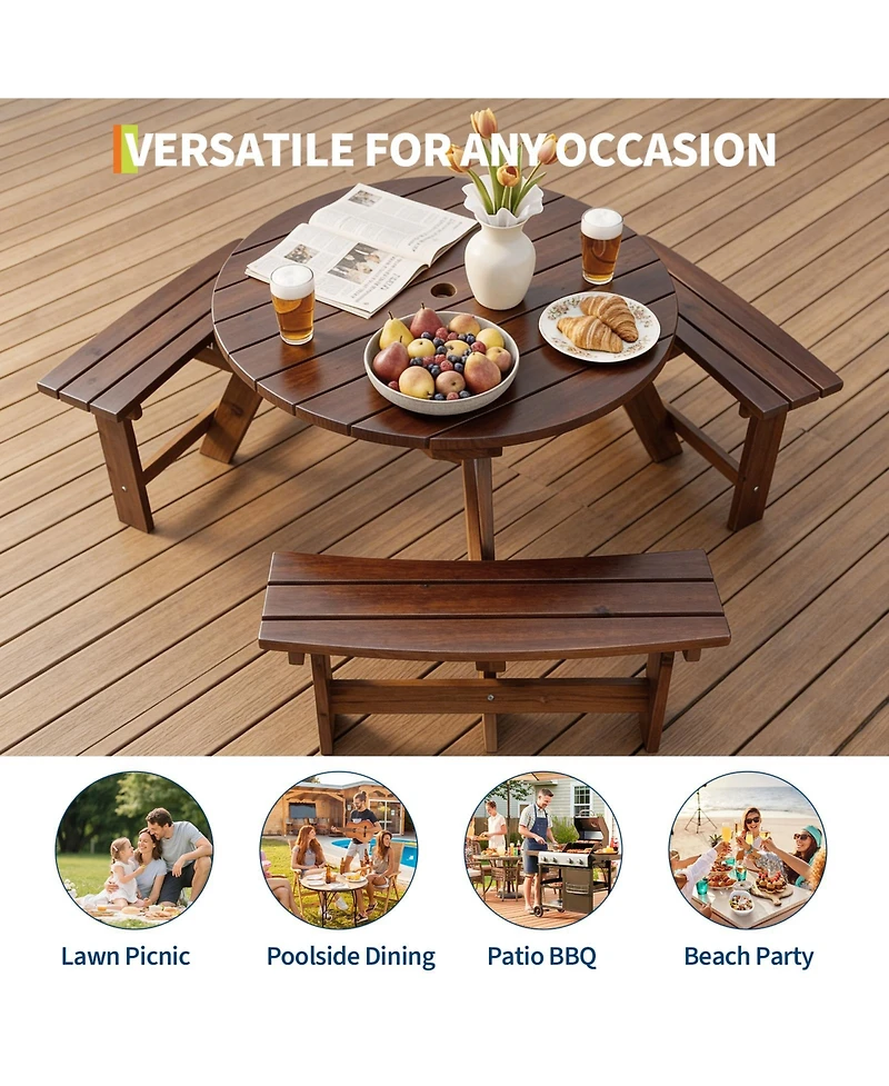 homfan 6 Person Wooden Outdoor Picnic Table with 3 Built-in Benches, Circular Dining and Chairs Set Umbrella Hole for Garden