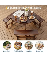 homfan 6 Person Wooden Outdoor Picnic Table with 3 Built-in Benches, Circular Dining and Chairs Set Umbrella Hole for Garden