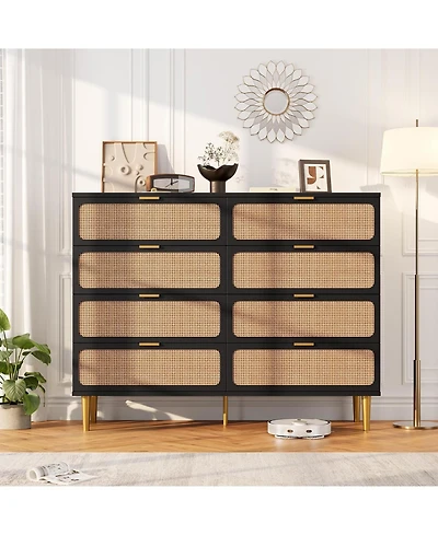 gaomon Rattan 8 Drawer Dressers for Bedroom, Tall Dresser with Deep Drawers, Large Chest of Drawers Closet Wide Top, Long Wooden