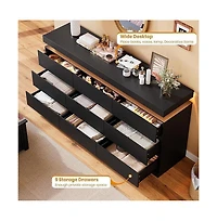 gaomon 9-Drawer Dresser - 63" Wide Chest with Led Light and Charging Station, Multi-Function Organizer for Living Room and Hallway