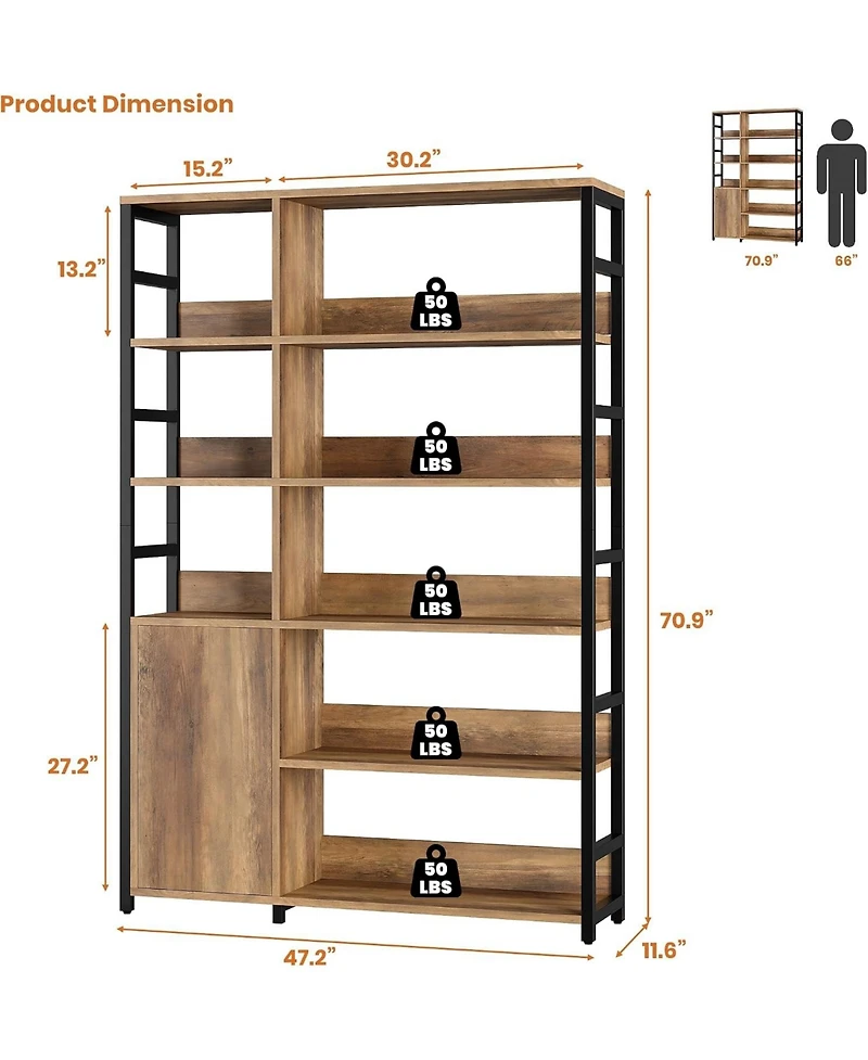gaomon 5-Tier Bookshelf with Doors – 71.1" Industrial Display Shelf with Metal Frame, Adjustable Shelf and Protective Rails for Living Room
