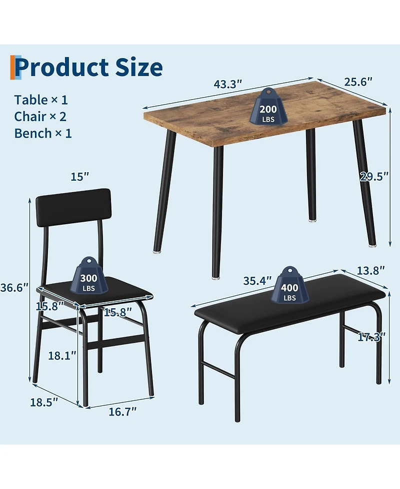 homfan Space Saving 4 Piece Dining Table Set for 4 Modern Kitchen and Dining Room Furniture Includes 2 Upholstered Chairs and Bench